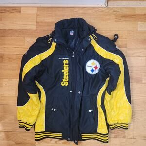 Vtg 90s Pittsburgh Steelers NFL Jacket XXL 2XL Mens Hooded Puffer Embroidered